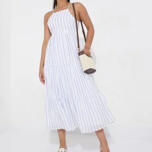 American Eagle White & Blue Striped Halter Tiered Flowy Summer Sun Maxi Dress